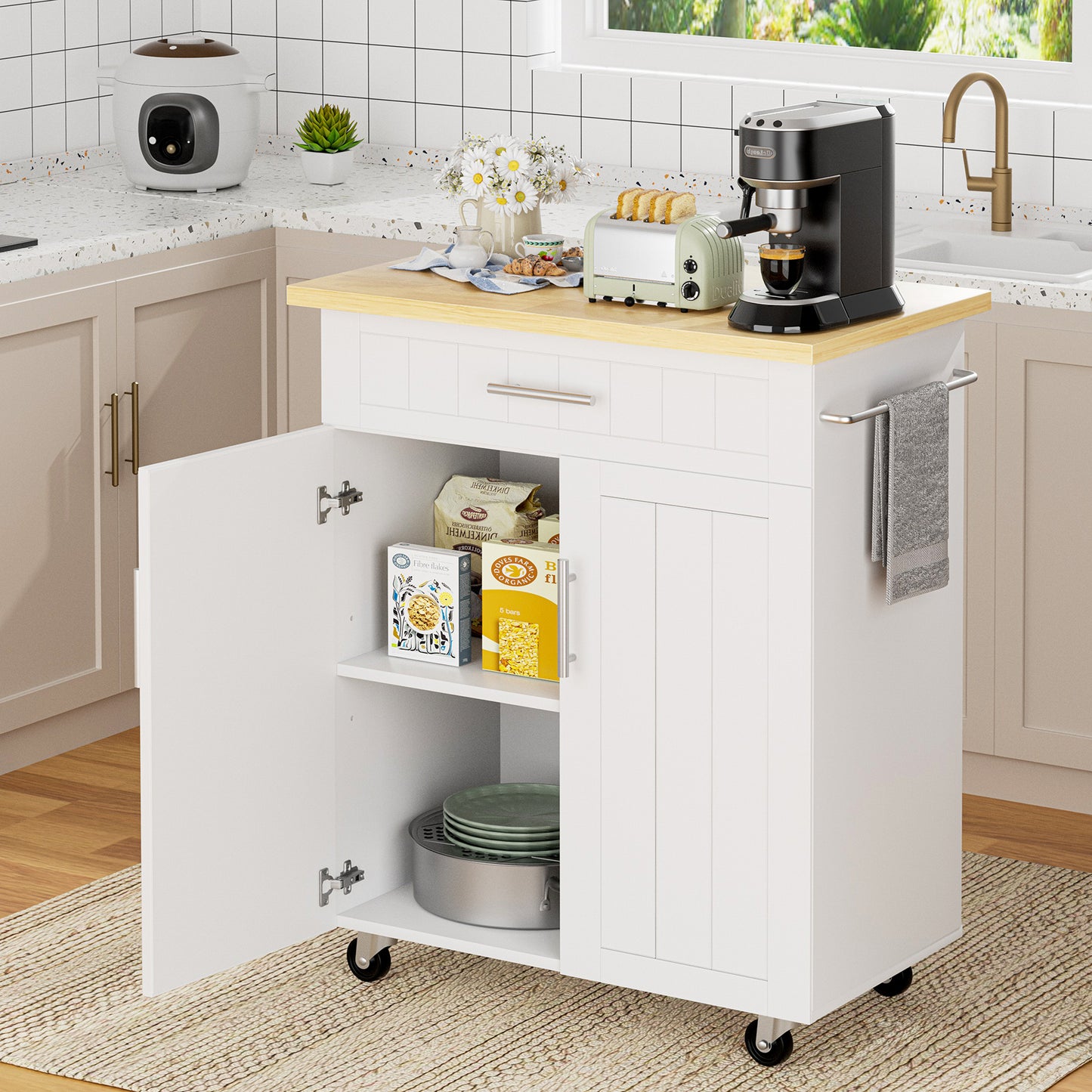 Walsunny Kitchen Island Cart on Wheels, Kitchen Cart with Drawer and Countertop, 2 Doors Storage Cabinet for Dining Room Living Room, Black