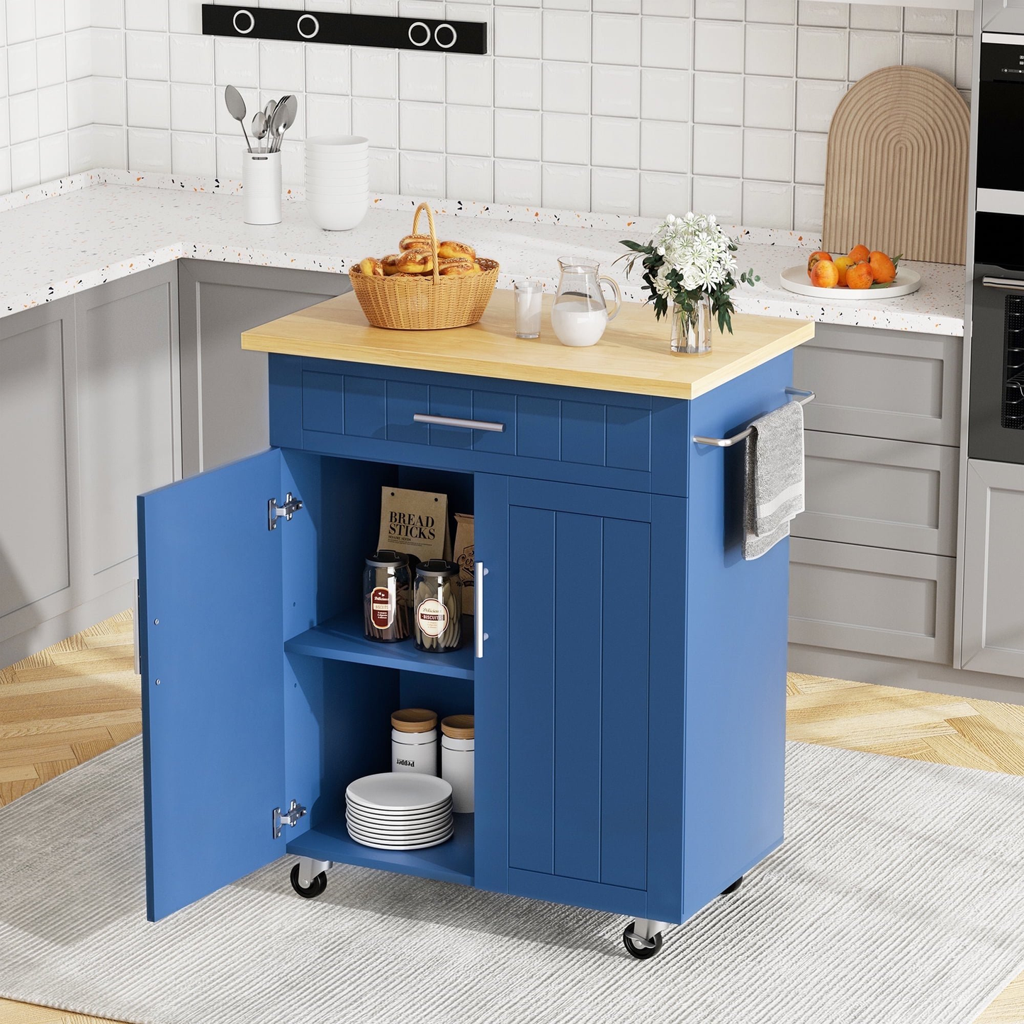 Walsunny 26‘’ Rolling Kitchen Island Cart With Solid Wood Top