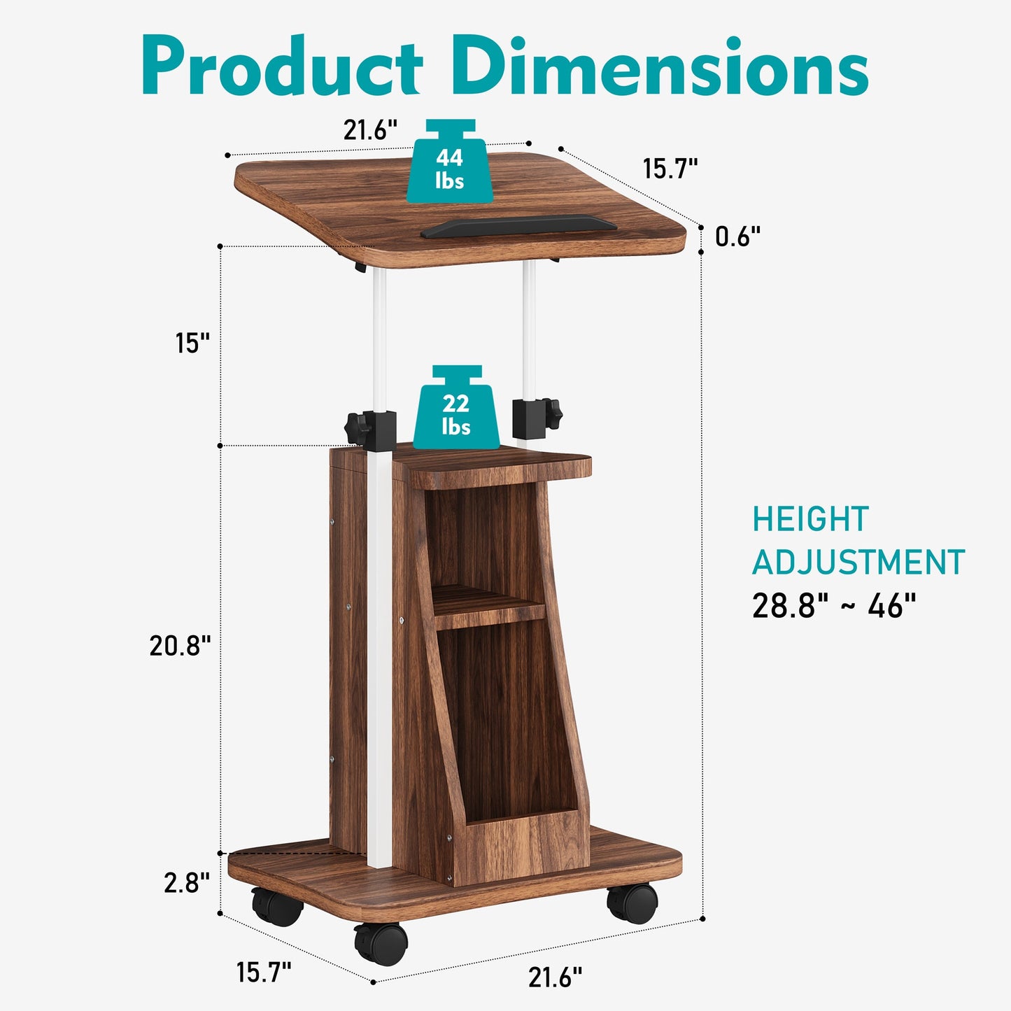 Walsunny Mobile Podium Standing Rolling Laptop Cart w/Tilt Desktop Adjustable Height Portable Computer Desk on Wheels