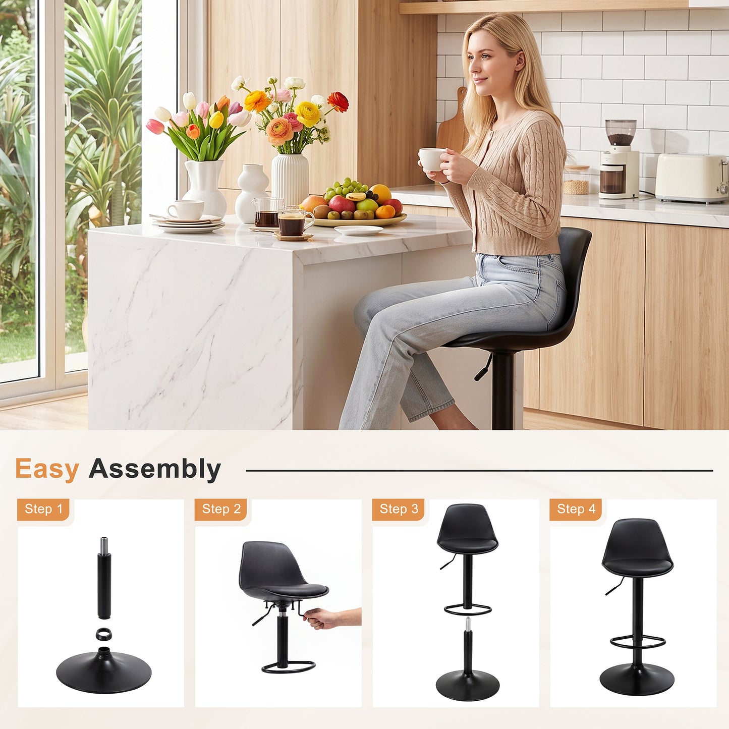 Walsunny Adjustable Bar Stools Set of 2 Counter Height Bar Chairs PU Leather Swivel Bar stools with Back for Kitchen Island Home Black