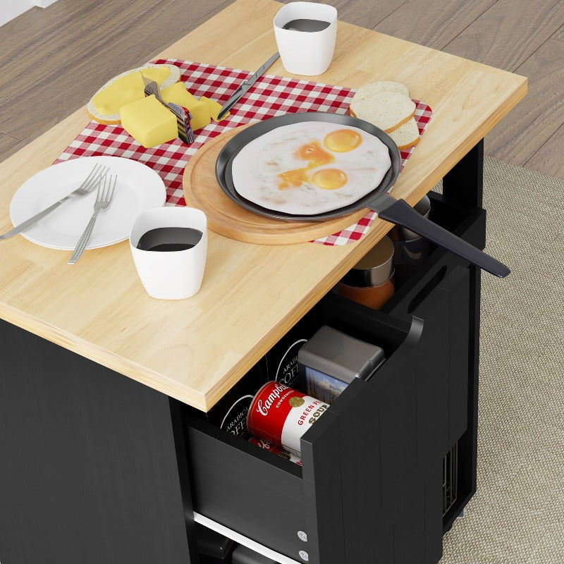 Walsunny 26.57‘’ Rolling Kitchen Island Storage & Bar Cart with Solid Wood Top#color_black
