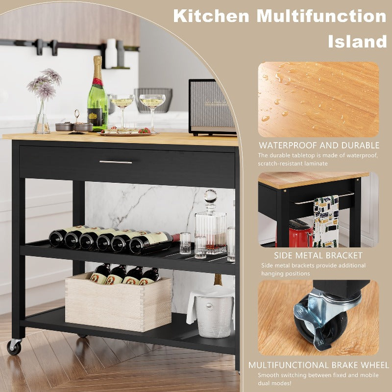 Walsunny 40‘’ Kitchen Island Storage & Bar Cart with Solid Wood Top#color_black