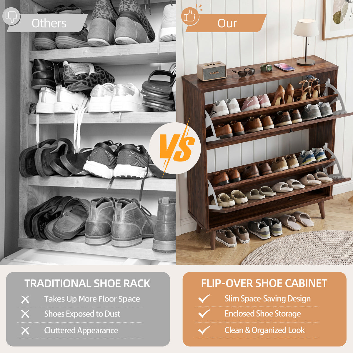 Walsunny Shoe Storage Cabinet with Flip Drawers, Slim Shoe Organizer Cabinet with Adjustable Shelves Wood Shoe Cabinet for Entryway