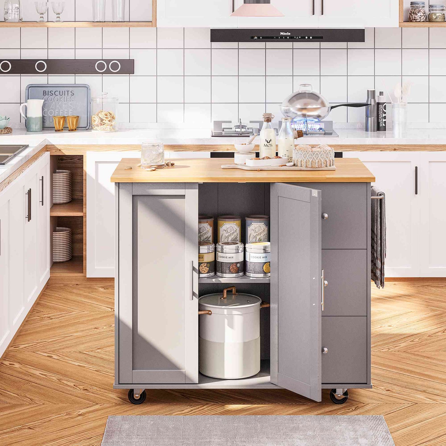 Walsunny Kitchen Island on Wheels with Storage Cabinet & Foldable Drop Leaf, 39.7" Width Rolling Kitchen Table