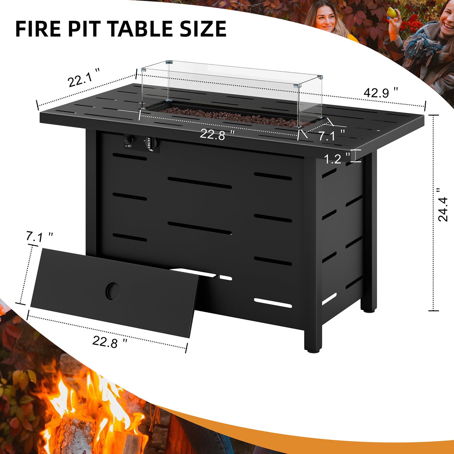 Walsunny 43 inch Gas Fire Pit Table 40,000 BTU Outdoor Rectangular Propane Fire pit Table with Glass Wind Guard and Waterproof Cover