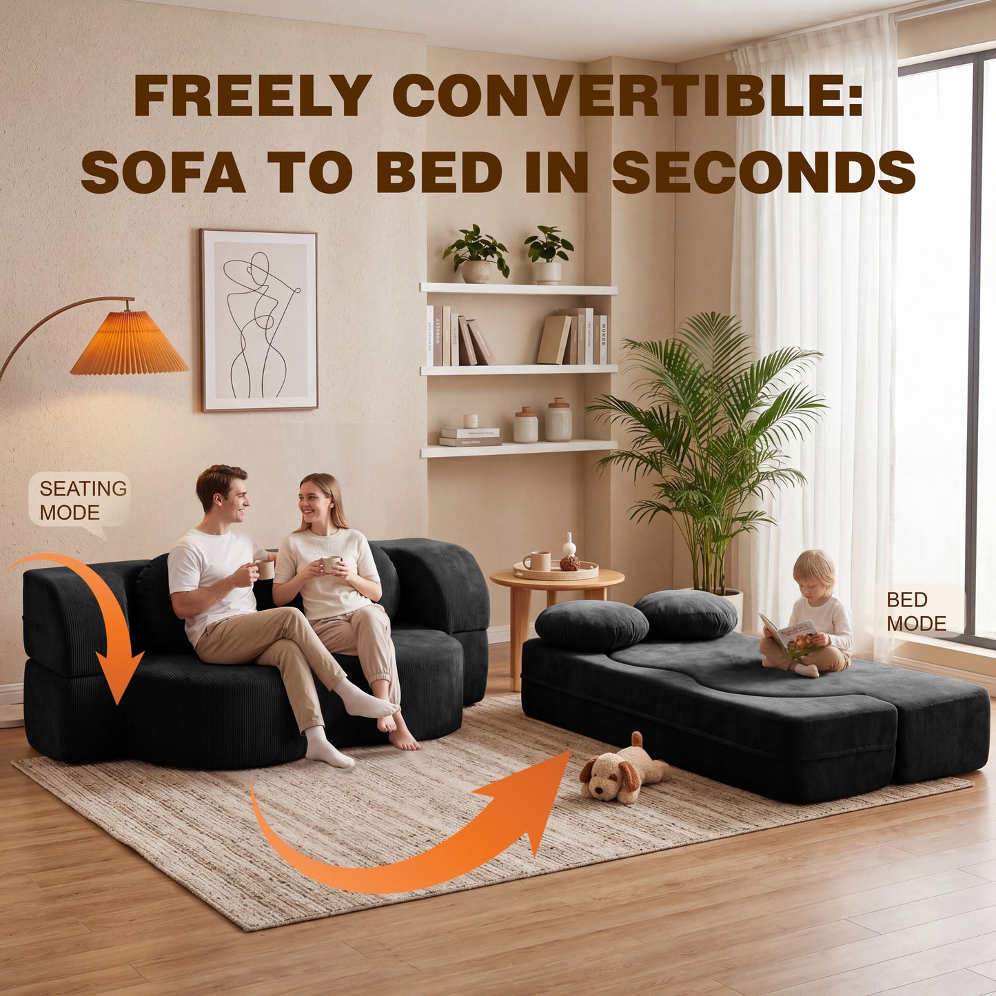 Walsunny 2-in-1 Convertible Futon Sofa Bed, Boneless Foldable Sofa Bed, Lazy Sleeper Sofa Couch, Memory Foam Folding Couch for Living Room, Bedroom