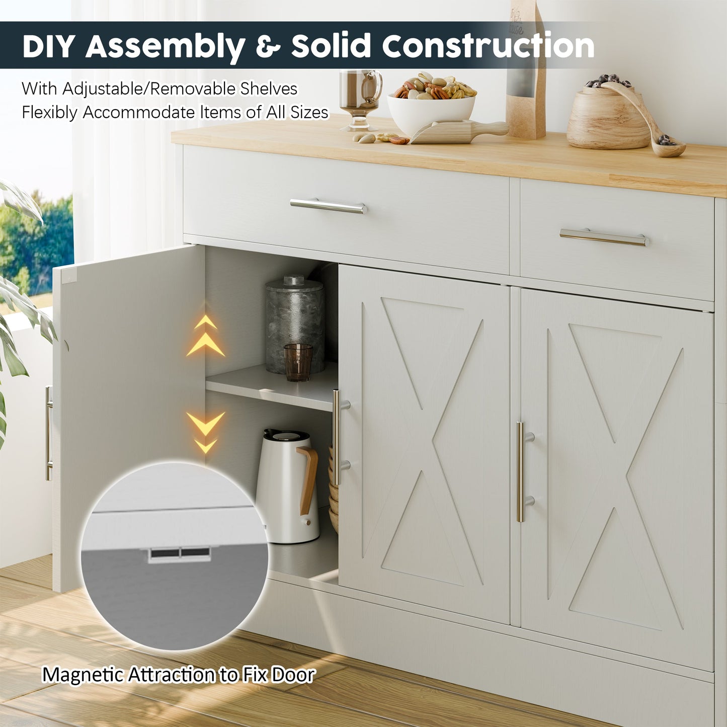 Walsunny Kitchen Buffet Sideboard Cabinet with Adjustable Shelf,Wooden Storage Cabinet with 3 Doors and 2 Drawers,Modern Farmhouse Coffee Bar Cabinet with Storage for Kitchen/Living Room