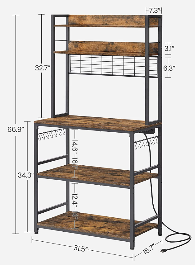Walsunny Kitchen Bakers Rack with Power Outlet, Coffee Bar Table 3Tiers （Clearance）