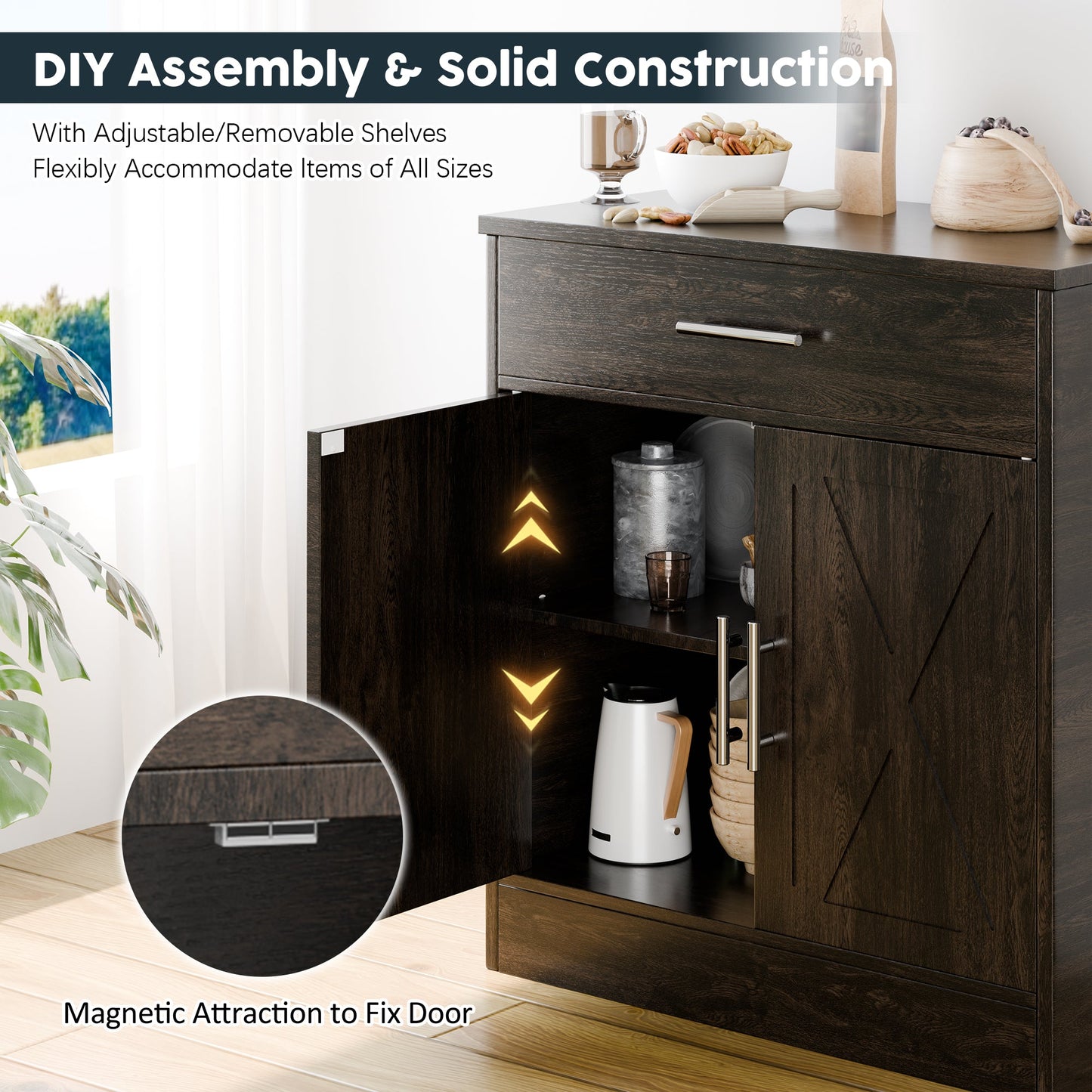 Walsunny Sideboards Buffets Table 28.3" with Drawer Storage Cabinet Adjustable Shelf Farmhouse Coffee Bar Cabinet for Kitchen Dining Room Entryway Small Places