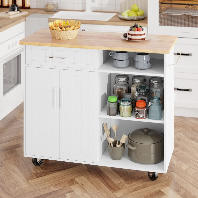 Walsunny 42‘’ Kitchen Island Cart Storage with Solid Wood Top#color_white
