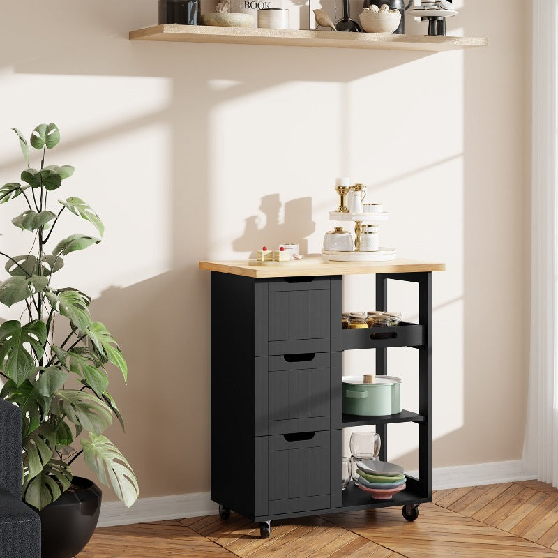 Walsunny 26.57‘’ Rolling Kitchen Island Storage & Bar Cart with Solid Wood Top#color_black
