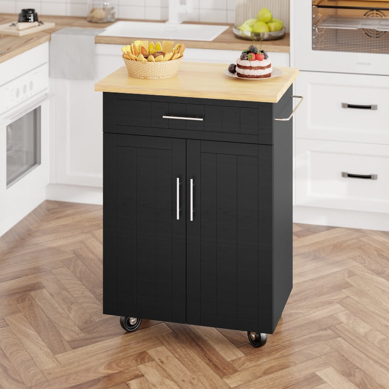 Walsunny 26‘’ Rolling Kitchen Island with Solid Wood Top#color_black