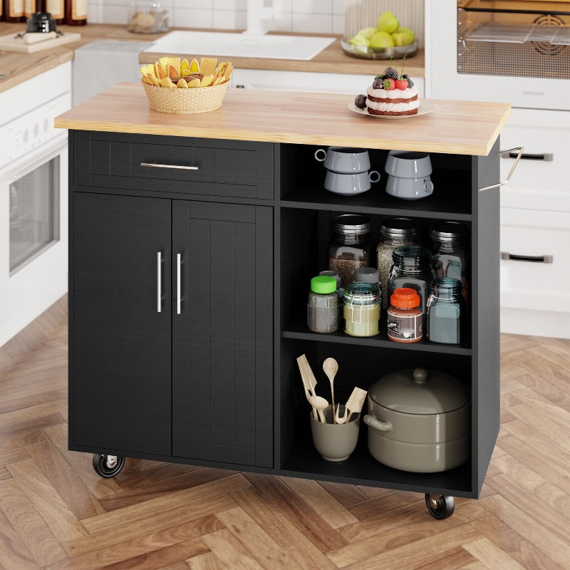 Walsunny 42‘’ Kitchen Island Cart Storage with Solid Wood Top#color_black