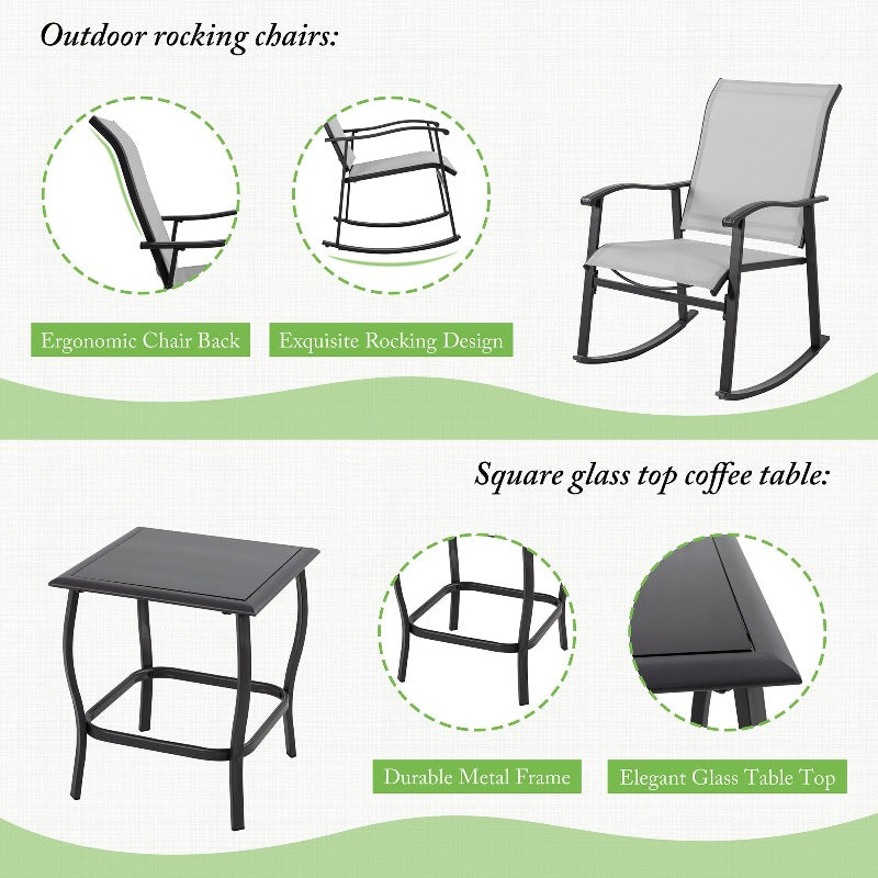 Walsunny Patio Furniture 3 Pieces Textilene Outdoor Bistro Rocking Chair Set