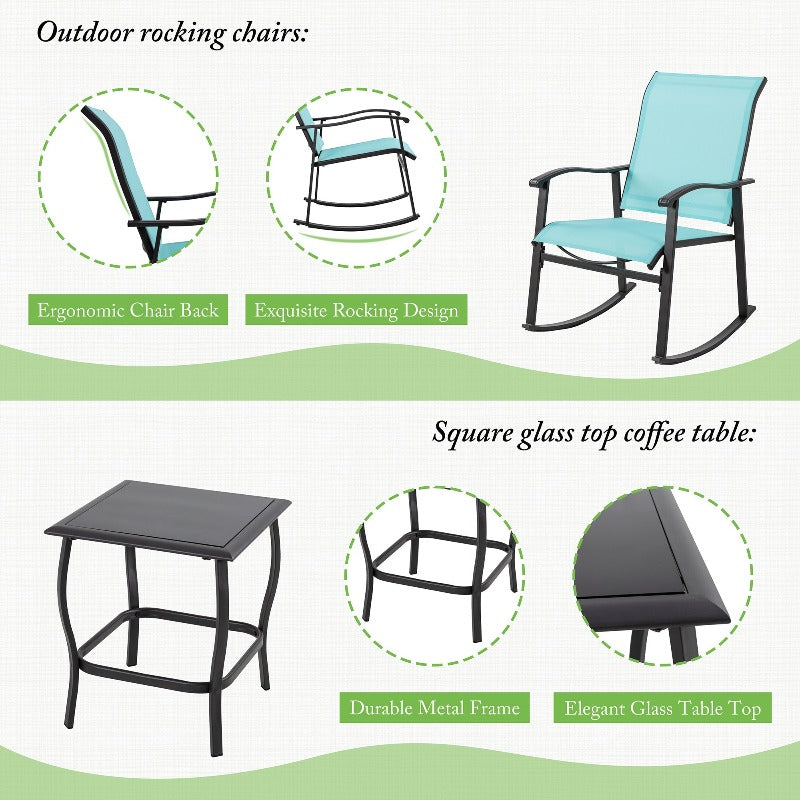 Walsunny Patio Furniture 3 Pieces Textilene Outdoor Bistro Rocking Chair Set