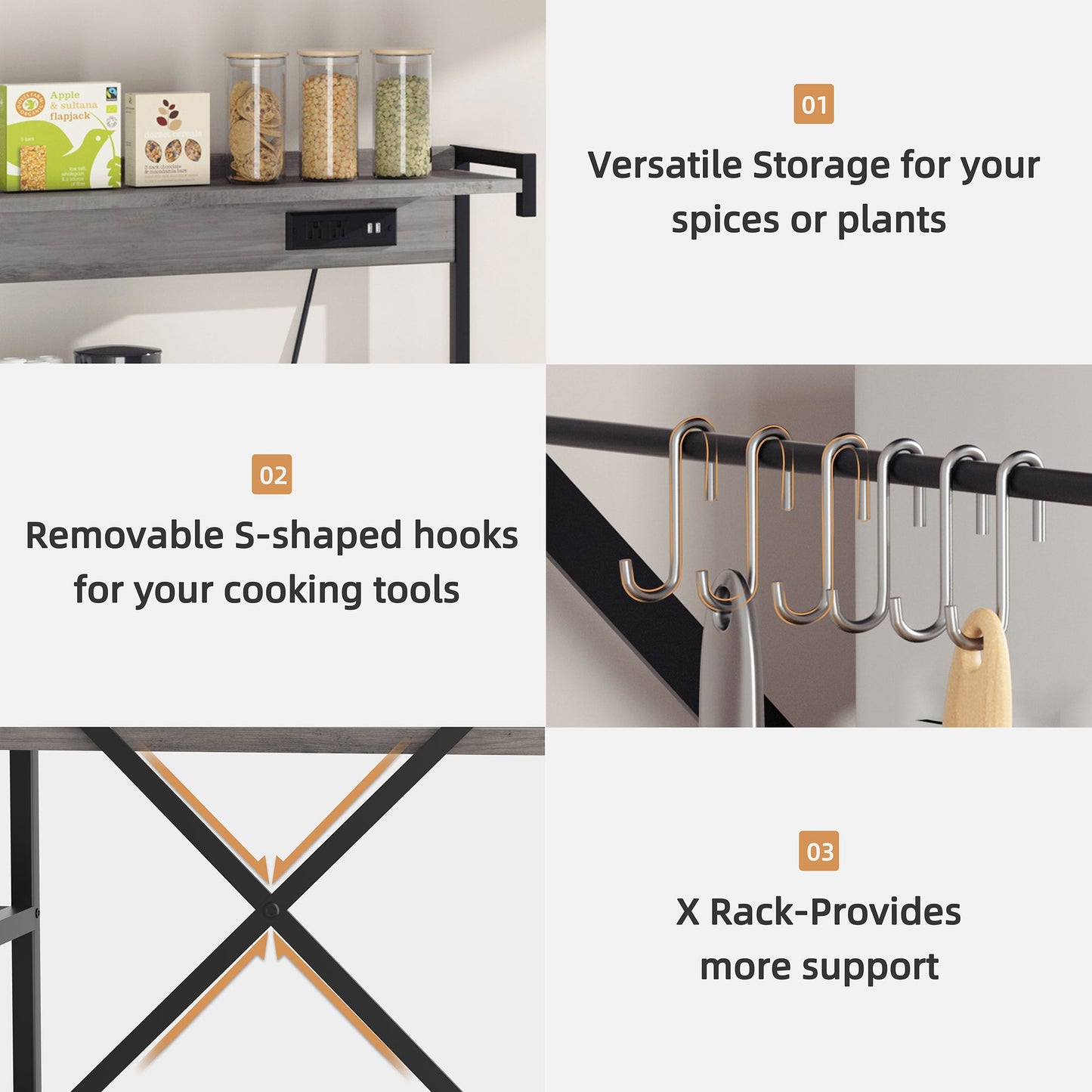 WALSUNNY Kitchen Bakers Rack with Power Outlet  Coffee Bar Table 4 Tiers