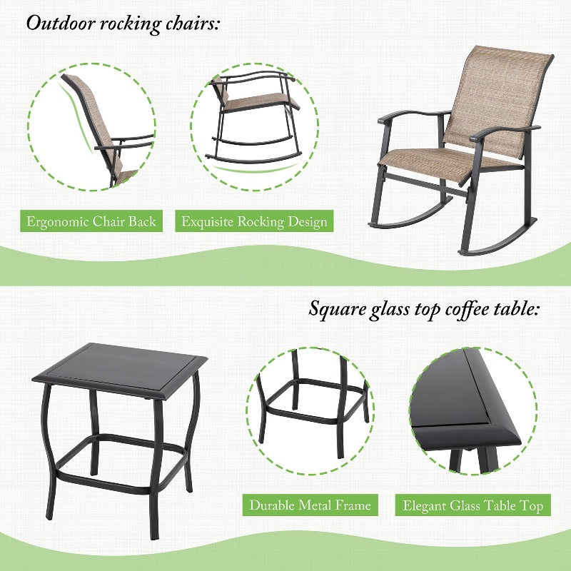 Walsunny Patio Furniture 3 Pieces Textilene Outdoor Bistro Rocking Chair Set