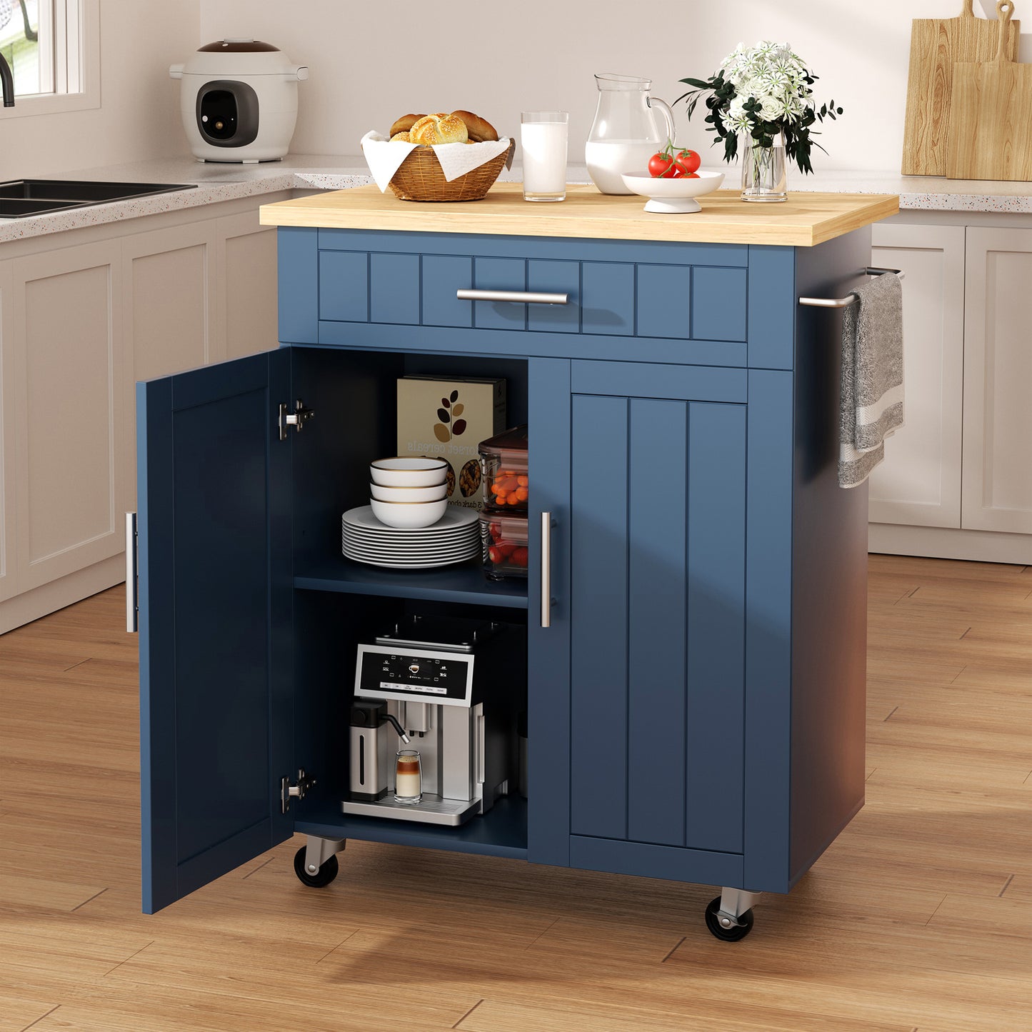 Walsunny Kitchen Island Cart on Wheels, Kitchen Cart with Drawer and Countertop, 2 Doors Storage Cabinet for Dining Room Living Room, Black