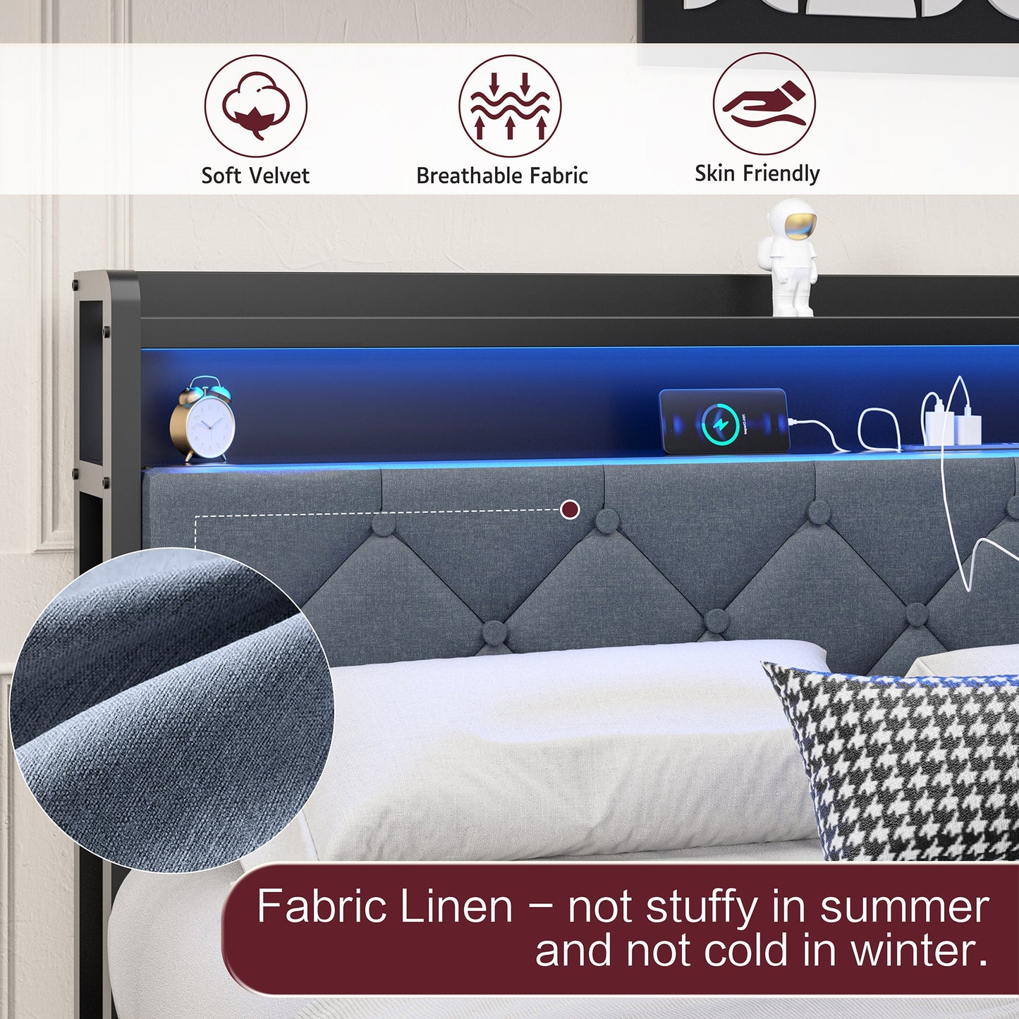 Walsunny Bed Frame with Led Light and Drawers Metal Platform Bed with Button Tufted Headboard Strong Metal Slats