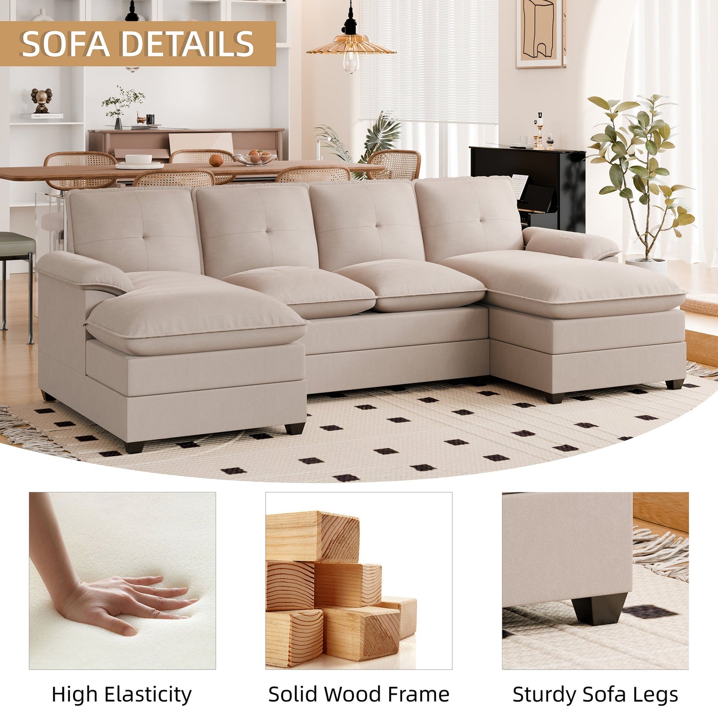 WALSUNNY 109'' U-shaped Sectional cloud-like Sofa Couches #color_dark-beige