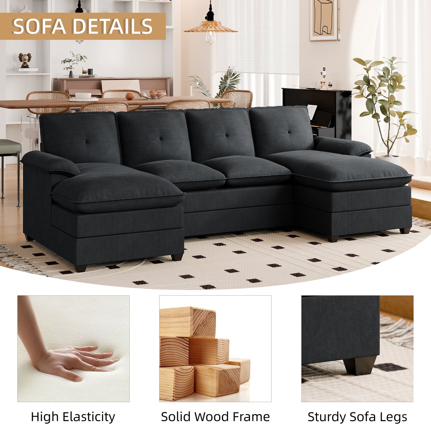 WALSUNNY 109'' U-shaped Sectional cloud-like Sofa Couches #color_black