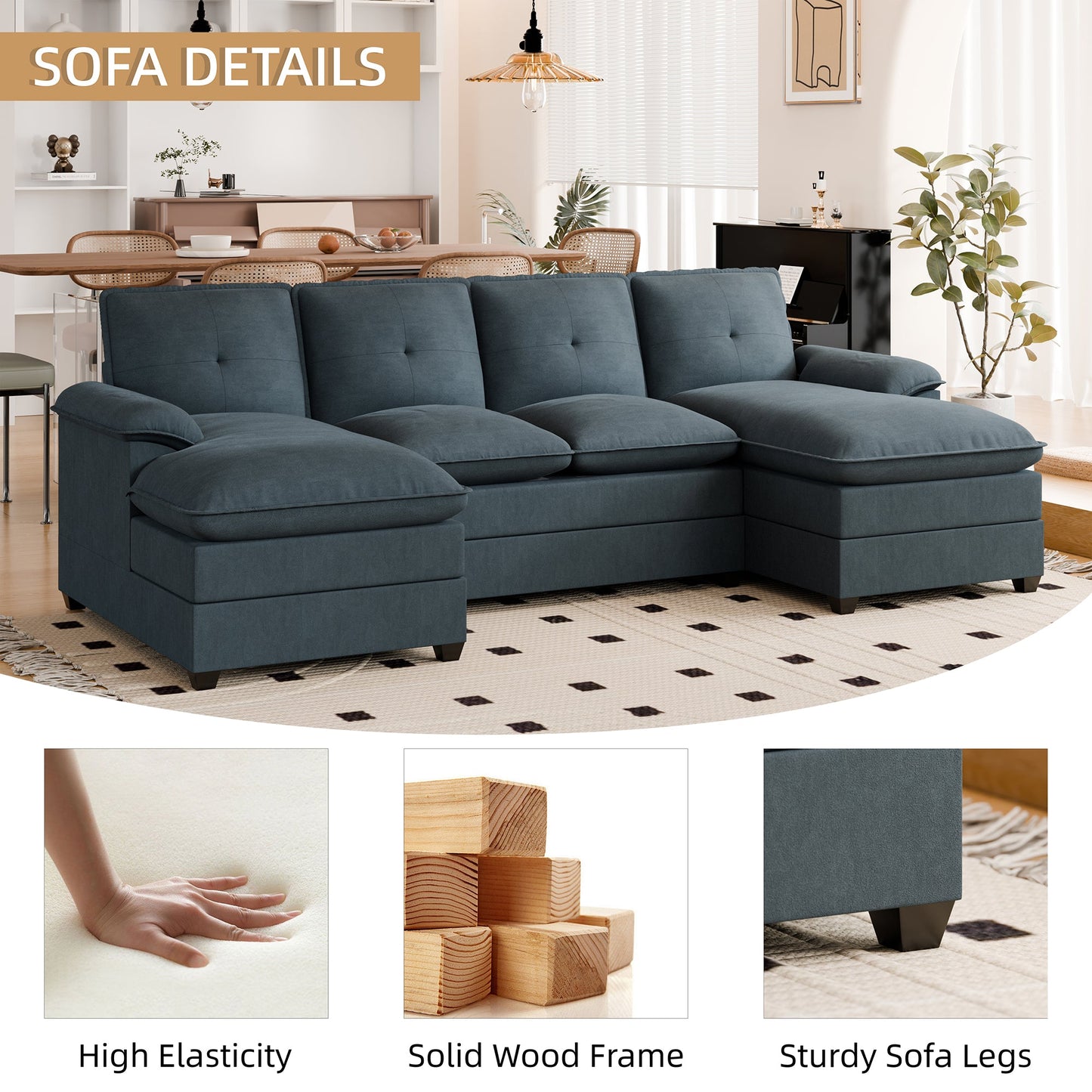 Walsunny 109''  4-Seat U Shaped Modern Sectional Sofa With Double Chaise for Apartment, Studio, Office