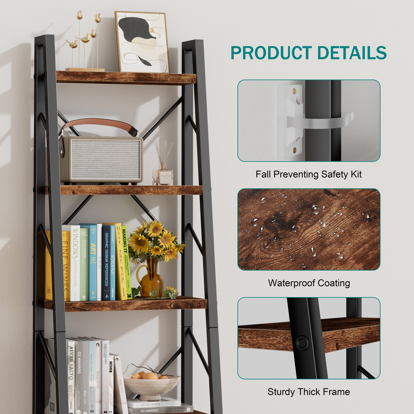 Walsunny Ladder Bookshelf Organizer, Solid Rubberwood Frame, Espresso Finish, 16.7" D x 12" W x 55.7" H