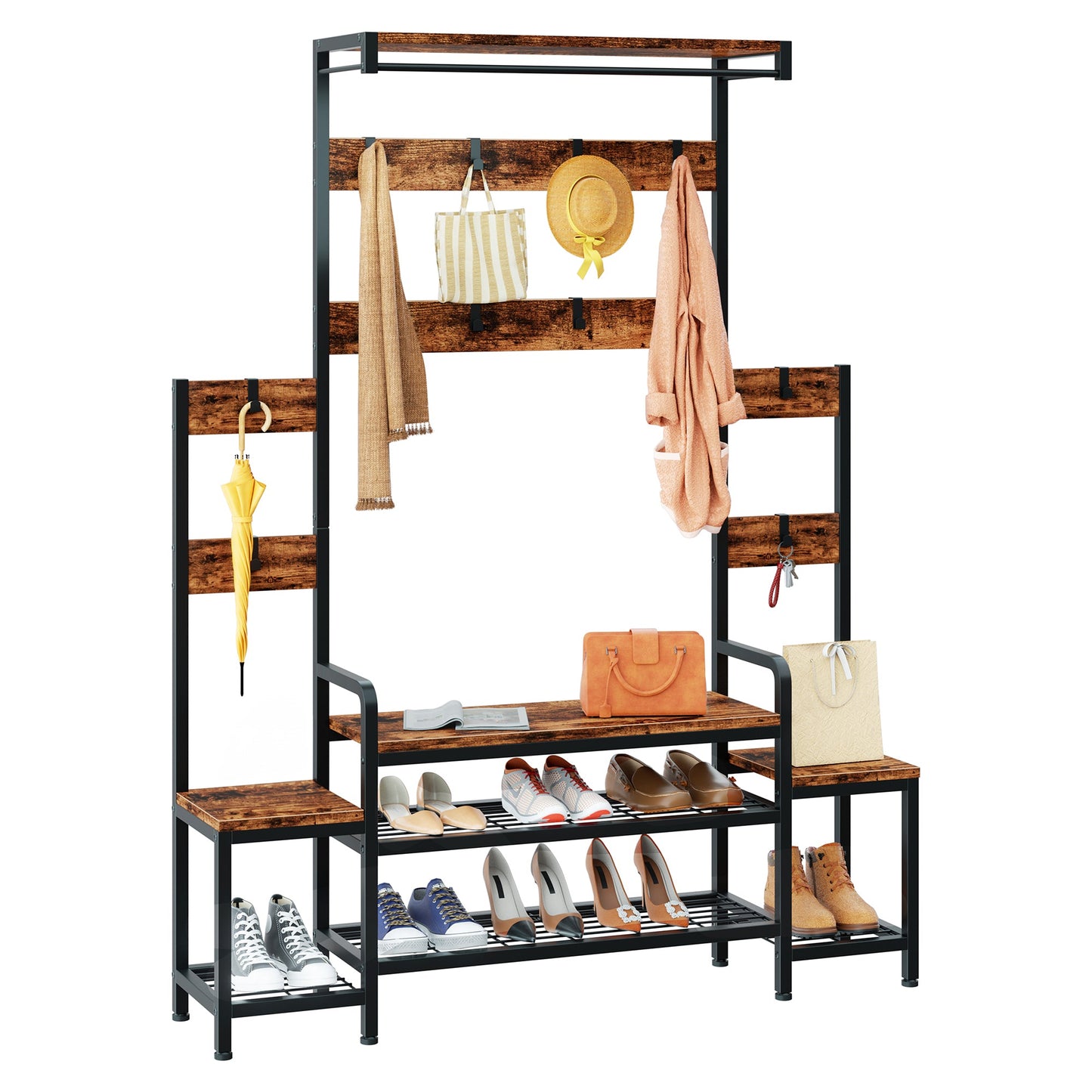 Walsunny 4 in 1 Entryway Hall Tree Coat Rack with Bench 56'' Entryway with Shoe Storage and Coat Hooks Large Organizer for Entryway Hallway