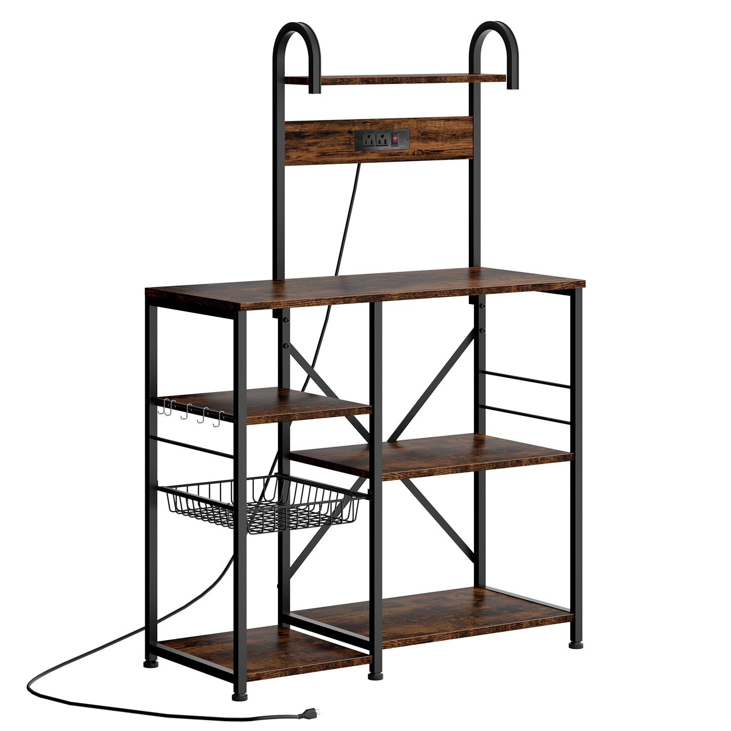 Walsunny Kitchen Bakers Rack with Power Outlet,Industrial Kitchen Island Storage Shelf with 6 Hooks 6 Tier Rack
