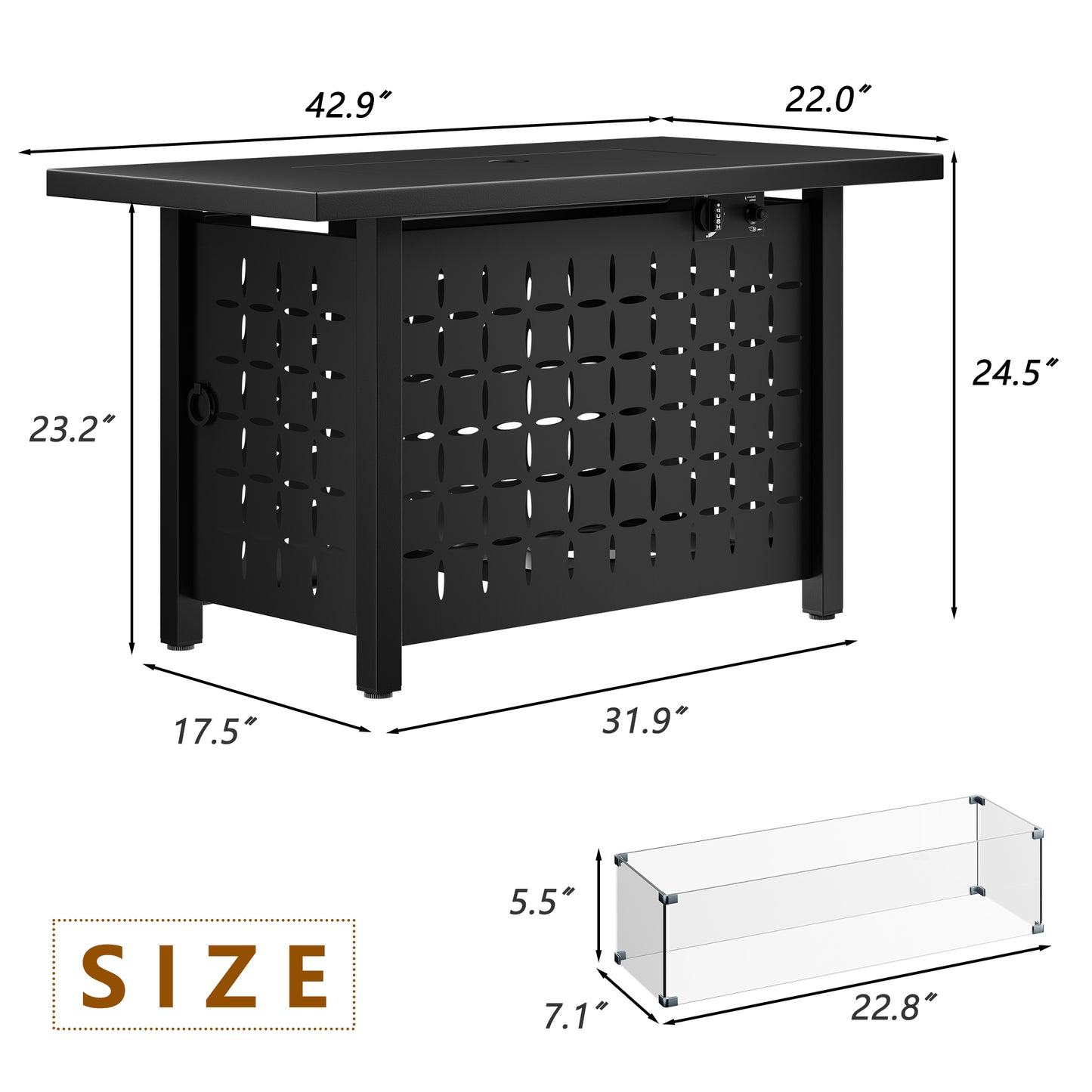 Walsunny 43 inch Gas Fire Pit Table 40,000 BTU Outdoor Rectangular Propane Fire pit Table with Glass Wind Guard and Waterproof Cover