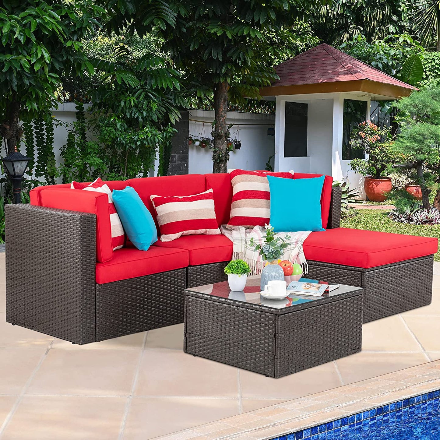 Walsunny 5 Pieces PE Wicker Chaise Outdoor Sectional Sofa Set