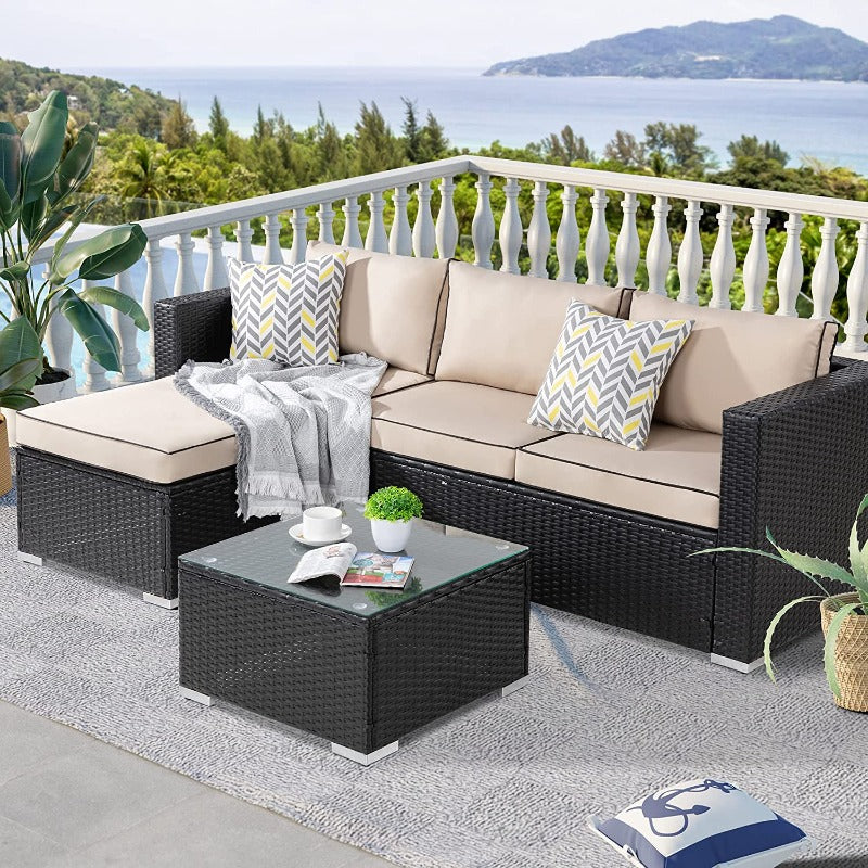 Walsunny Patio Furniture 3 Pieces Outdoor Sectional Sofa Set With Chaise, Black Wicker#color_khaki