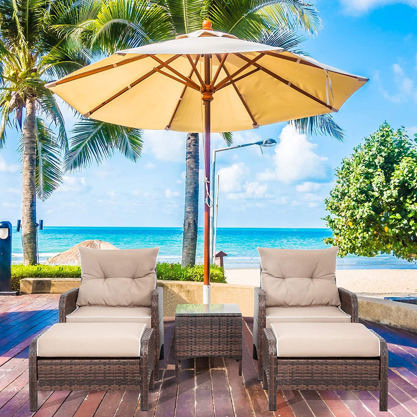 Walsunny 5 Piece Brown Wicker Rattan Outdoor Lounge Chair Set