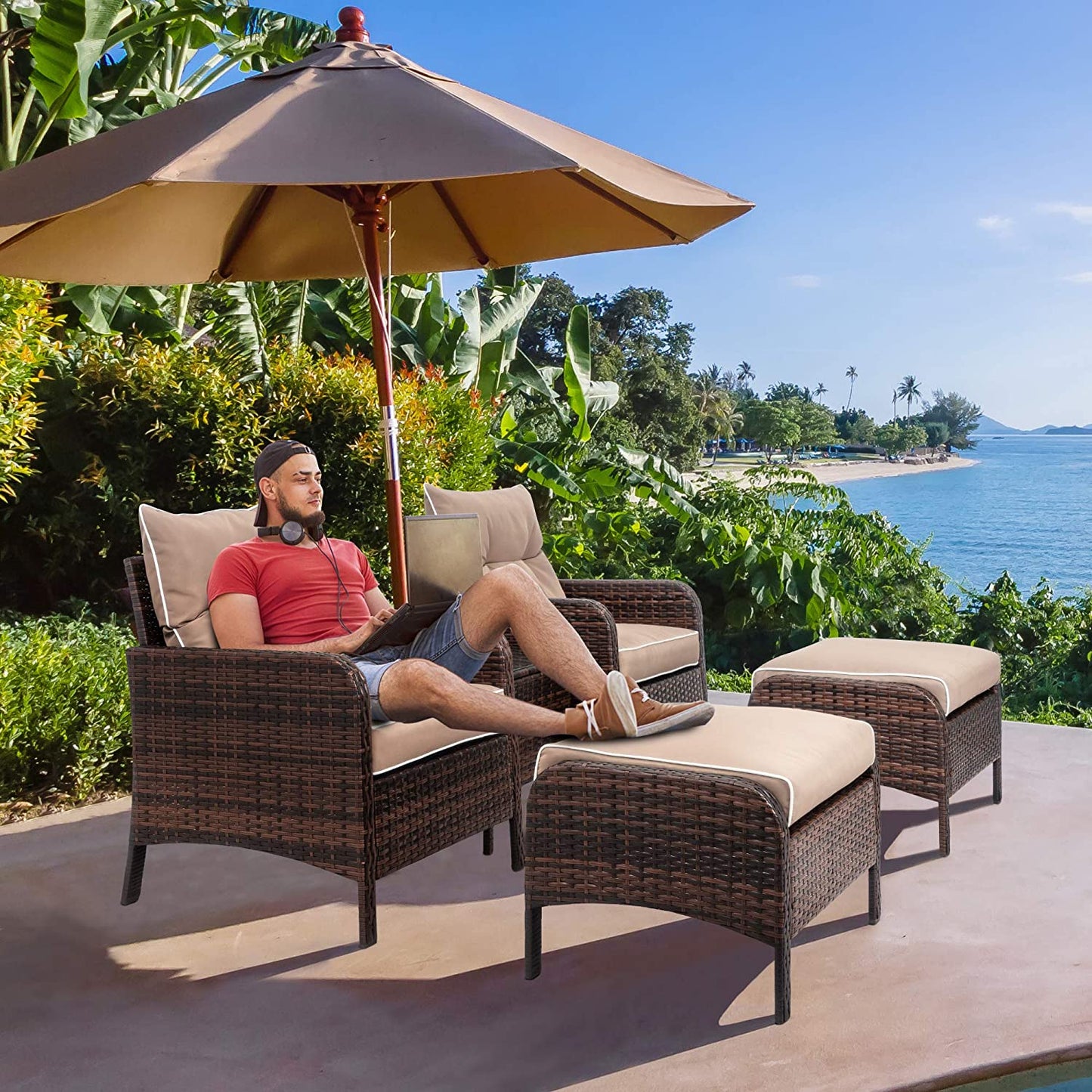 Walsunny 5 Piece Brown Wicker Rattan Outdoor Lounge Chair Set