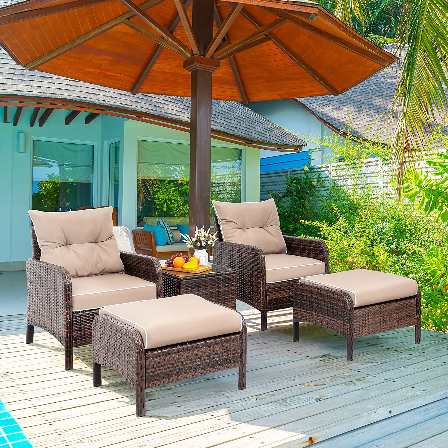 Walsunny 5 Piece Brown Wicker Rattan Outdoor Lounge Chair Set