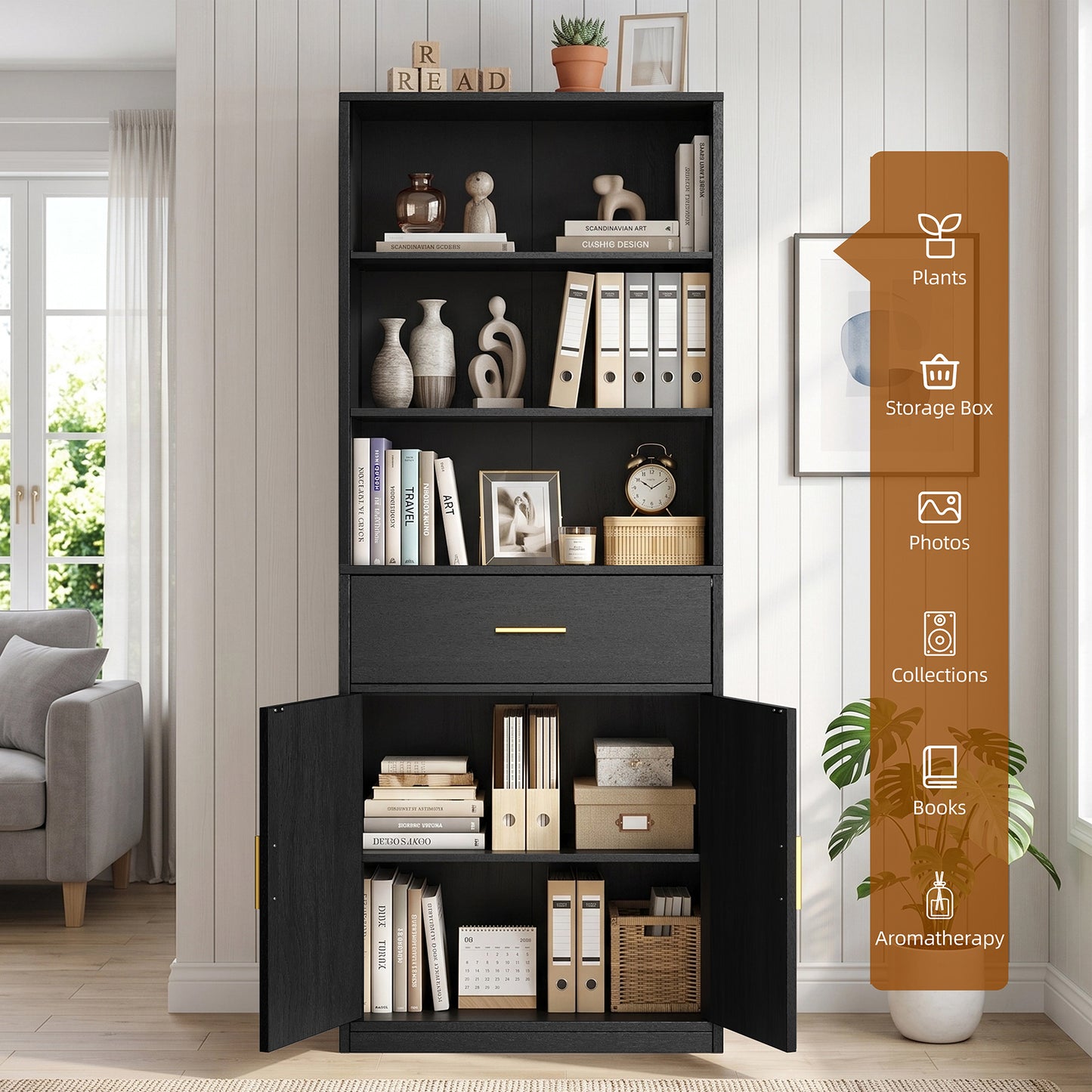 Walsunny Bookshelf with Doors & Drawers, 6-tier Farmhouse Bookcase with Drawer, 71” Floor Standing Bookshelf with Door for Living Room Office