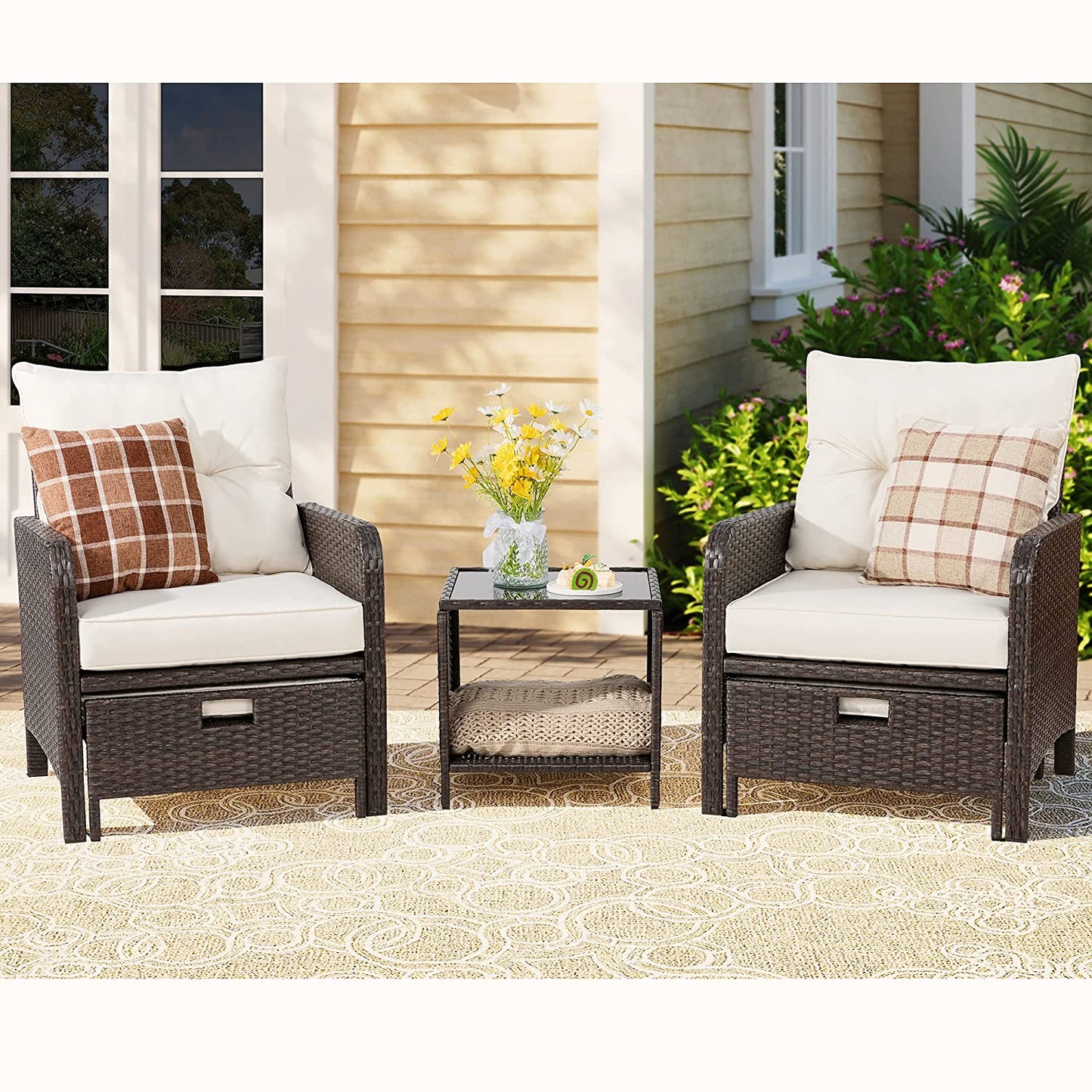 Walsunny 5 Piece Outdoor Recliner Conversation Set With Beige Cushions, Wicker PE Rattan