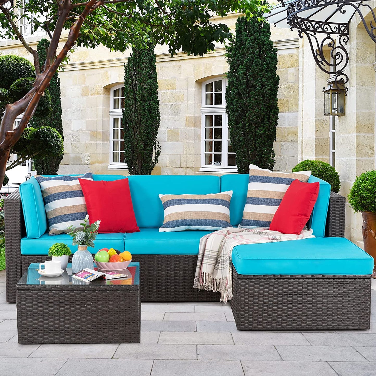 Walsunny 5 Pieces PE Wicker Chaise Outdoor Sectional Sofa Set