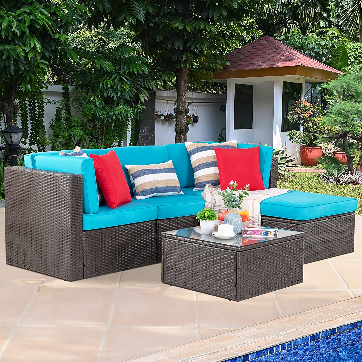 Walsunny 5 Pieces PE Wicker Chaise Outdoor Sectional Sofa Set