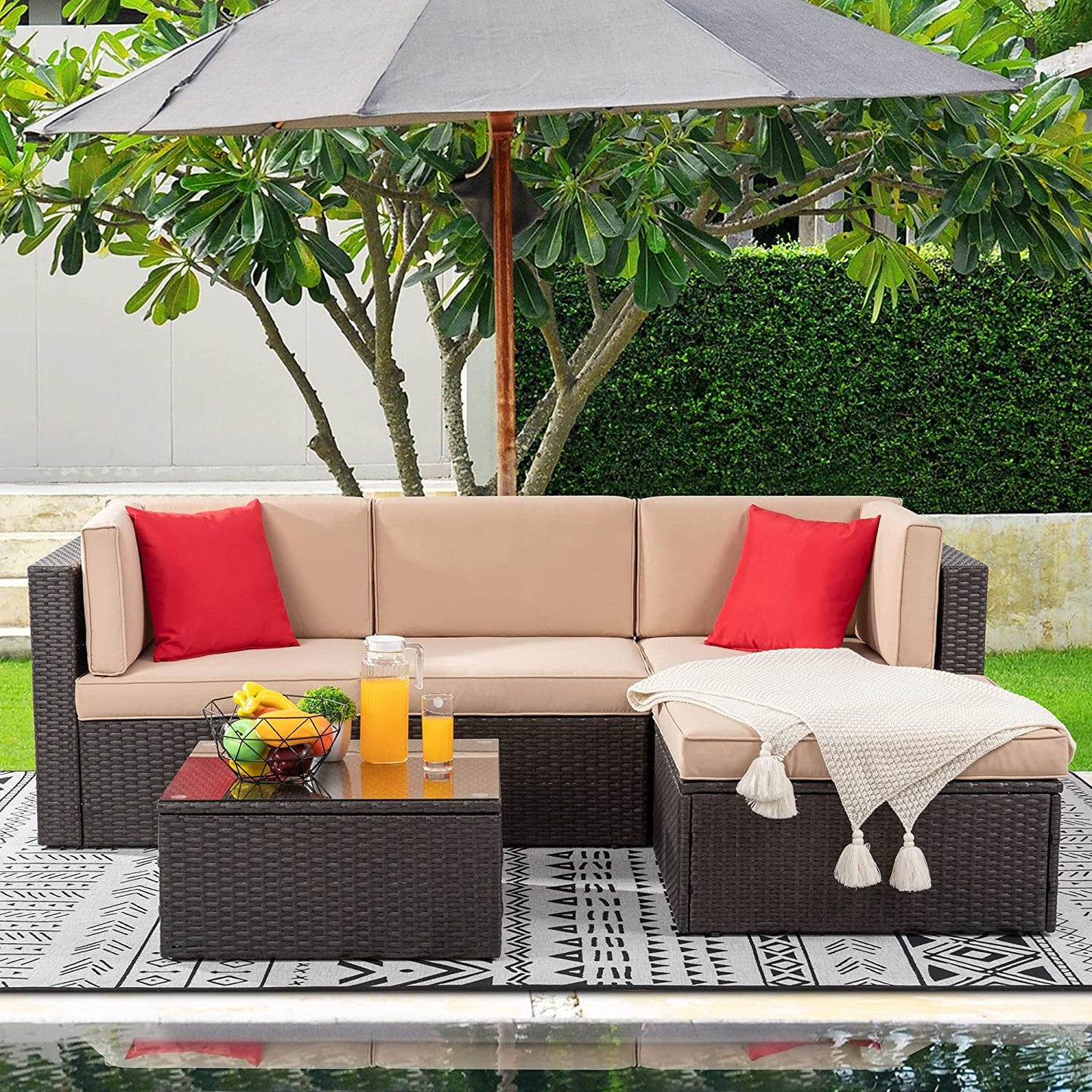 Walsunny 6-Piece Outdoor Patio Furniture Set with 45-Inch Fire Pit Table, All-Weather Brown PE Wicker Sectional Sofa