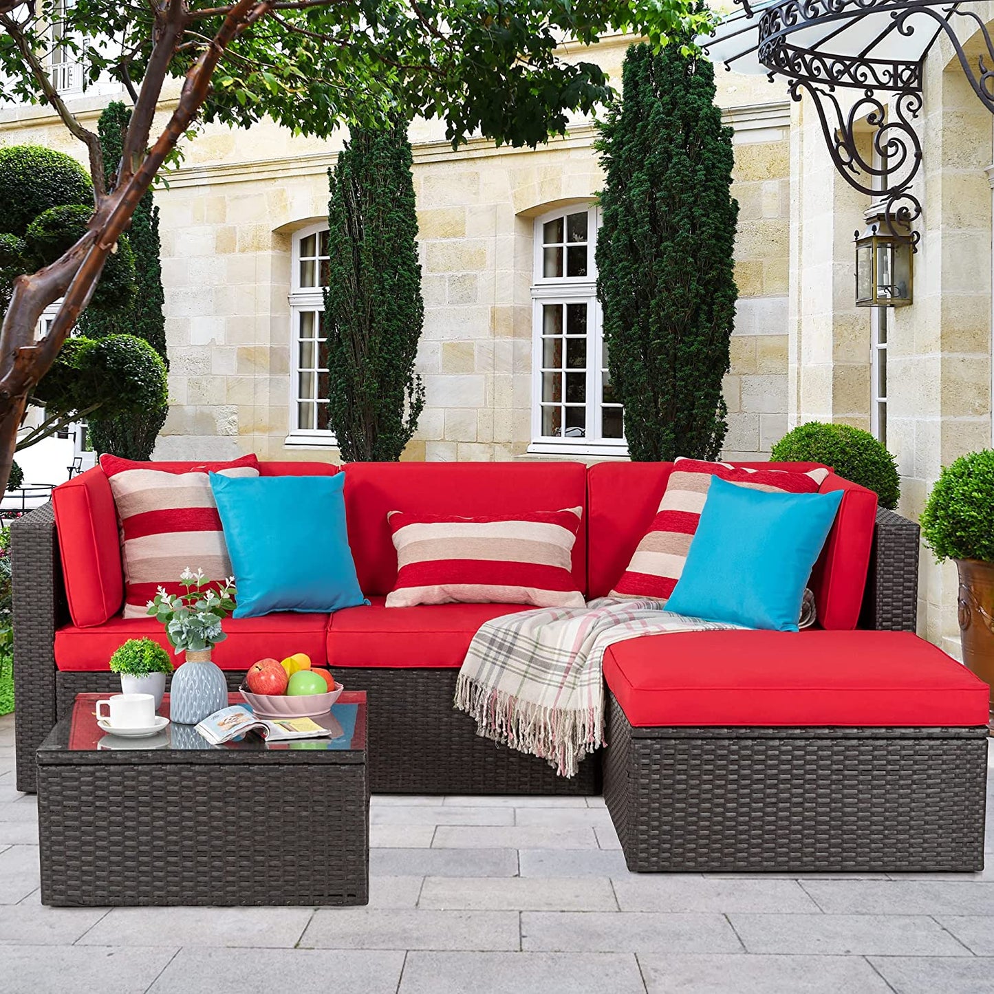 Walsunny 5 Pieces PE Wicker Chaise Outdoor Sectional Sofa Set