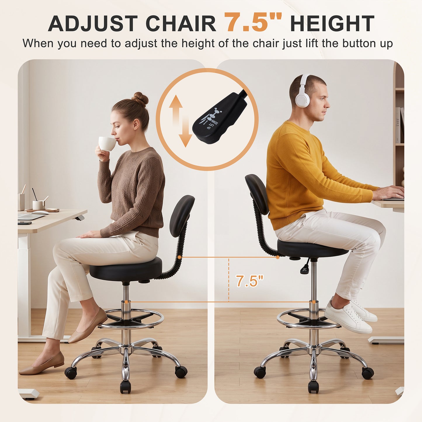 Walsunny Drafting Office Chair with Low Back, Swivel Draft Rolling Stool with Footrest, Armless PU Leather Desk Chair, Adjustable Height, Black