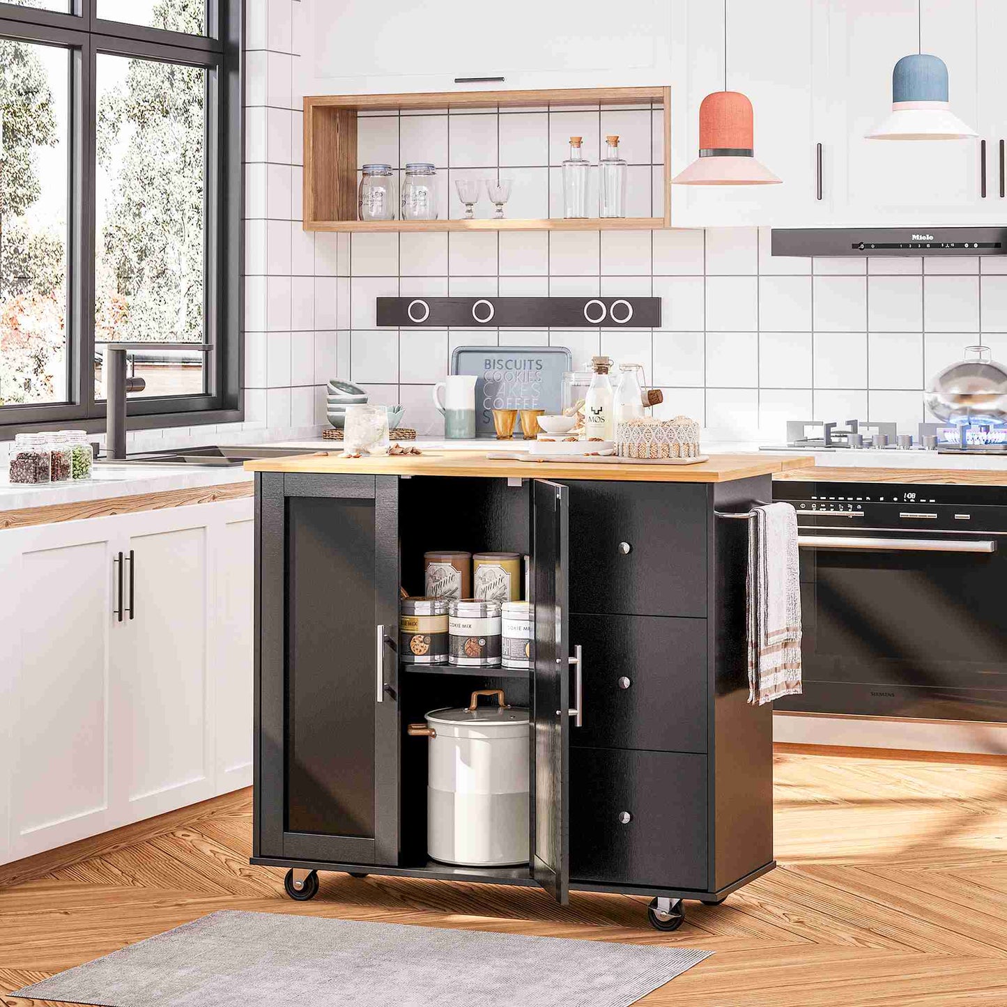 Walsunny Kitchen Island on Wheels with Storage Cabinet & Foldable Drop Leaf, 39.7" Width Rolling Kitchen Table