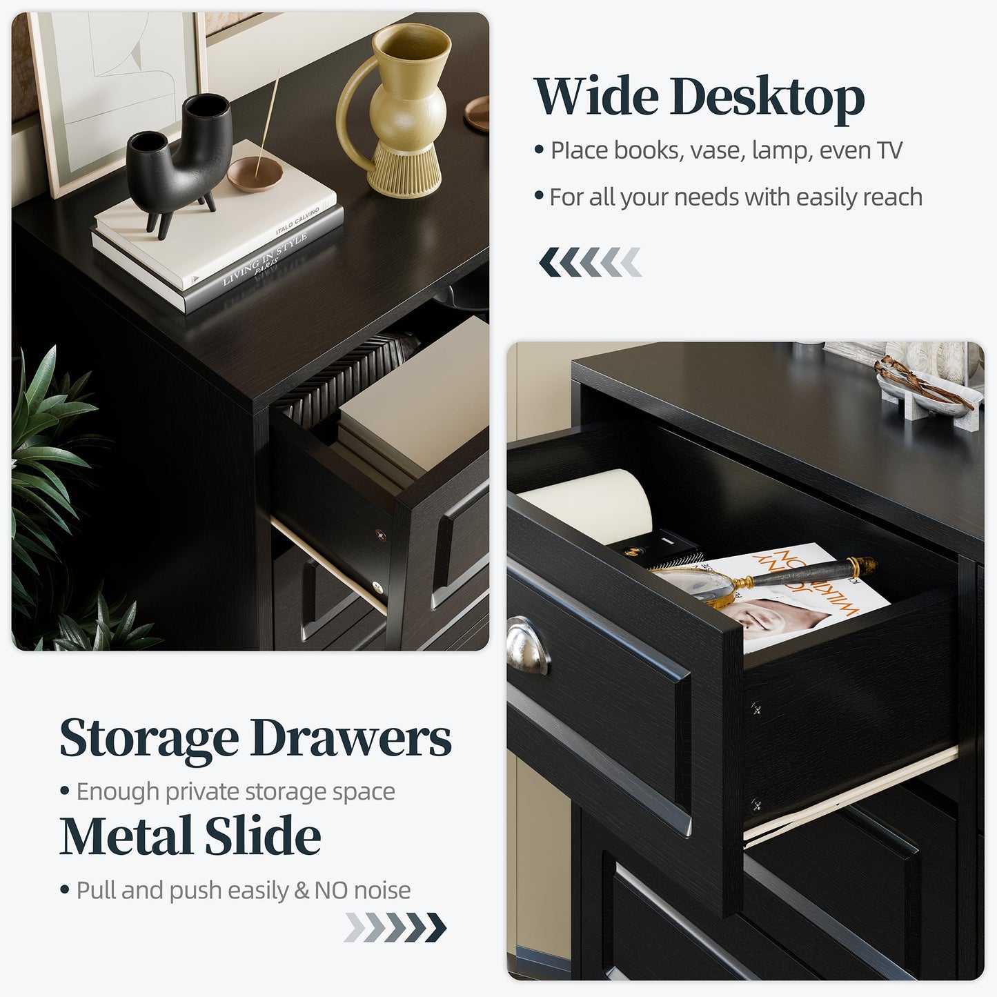 Walsunny 9 Drawer Double Dresser Black Wooden Wide Chest of Drawers with Metal Handles Storage Organizer Dresser Nursery Dresser for Living Room Hallway