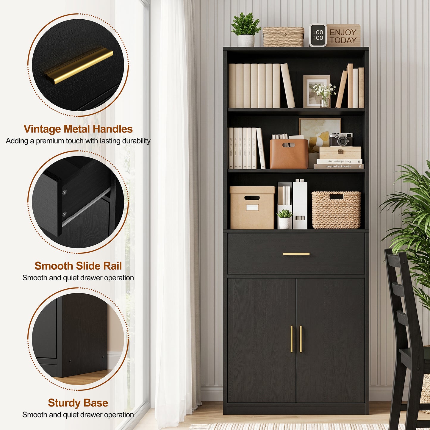 Walsunny Bookshelf with Doors & Drawers, 6-tier Farmhouse Bookcase with Drawer, 71” Floor Standing Bookshelf with Door for Living Room Office