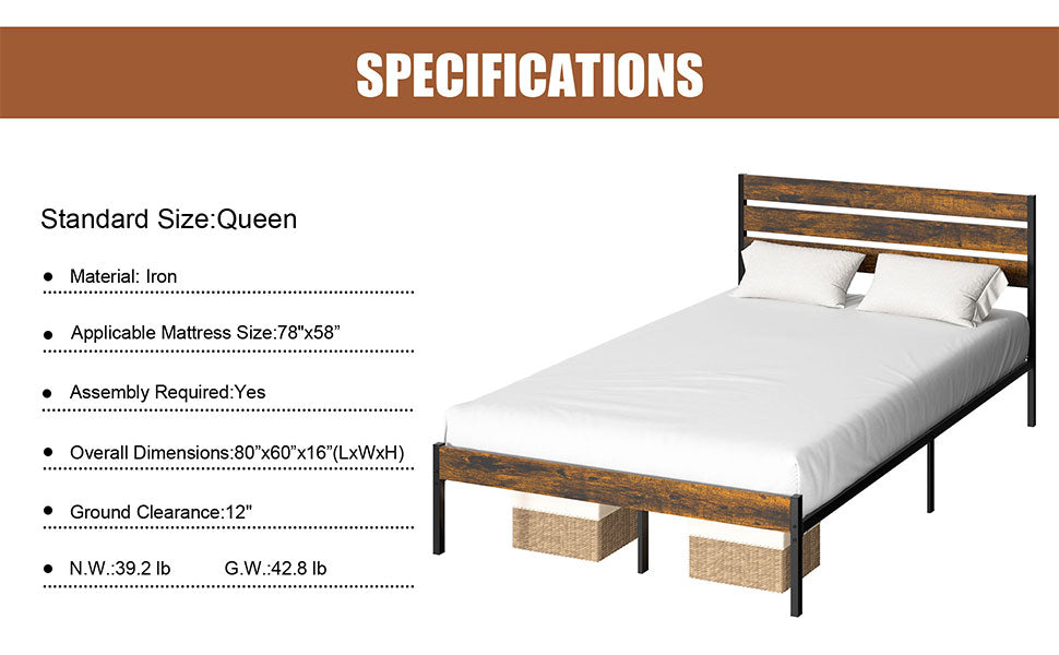 Walsunny Queen Size Heavy Duty Twin Size Bed Frame with Headboard and Footboard