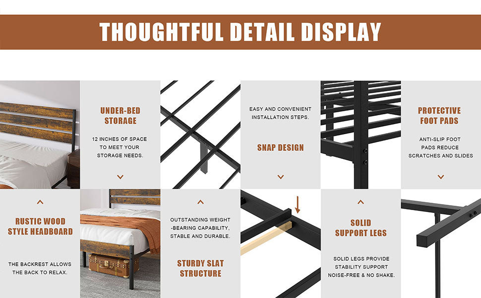 Walsunny Queen Size Heavy Duty Twin Size Bed Frame with Headboard and Footboard