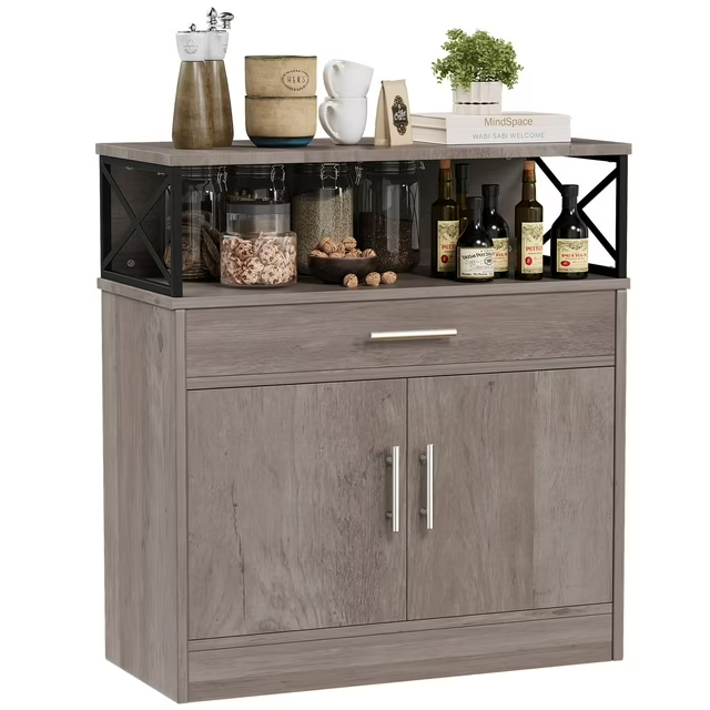 Walsunny Coffee Bar Cabinet with Hutch Small Places Sideboards Buffets Table 31.5" with Drawer Adjustable Shelf Farmhouse Wooden Storage Cabinet for Kitchen Dining Room Entryway