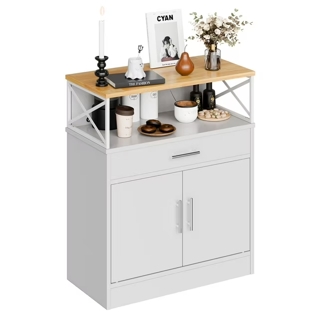Walsunny Coffee Bar Cabinet with Hutch Small Places Sideboards Buffets Table 31.5" with Drawer Adjustable Shelf Farmhouse Wooden Storage Cabinet for Kitchen Dining Room Entryway
