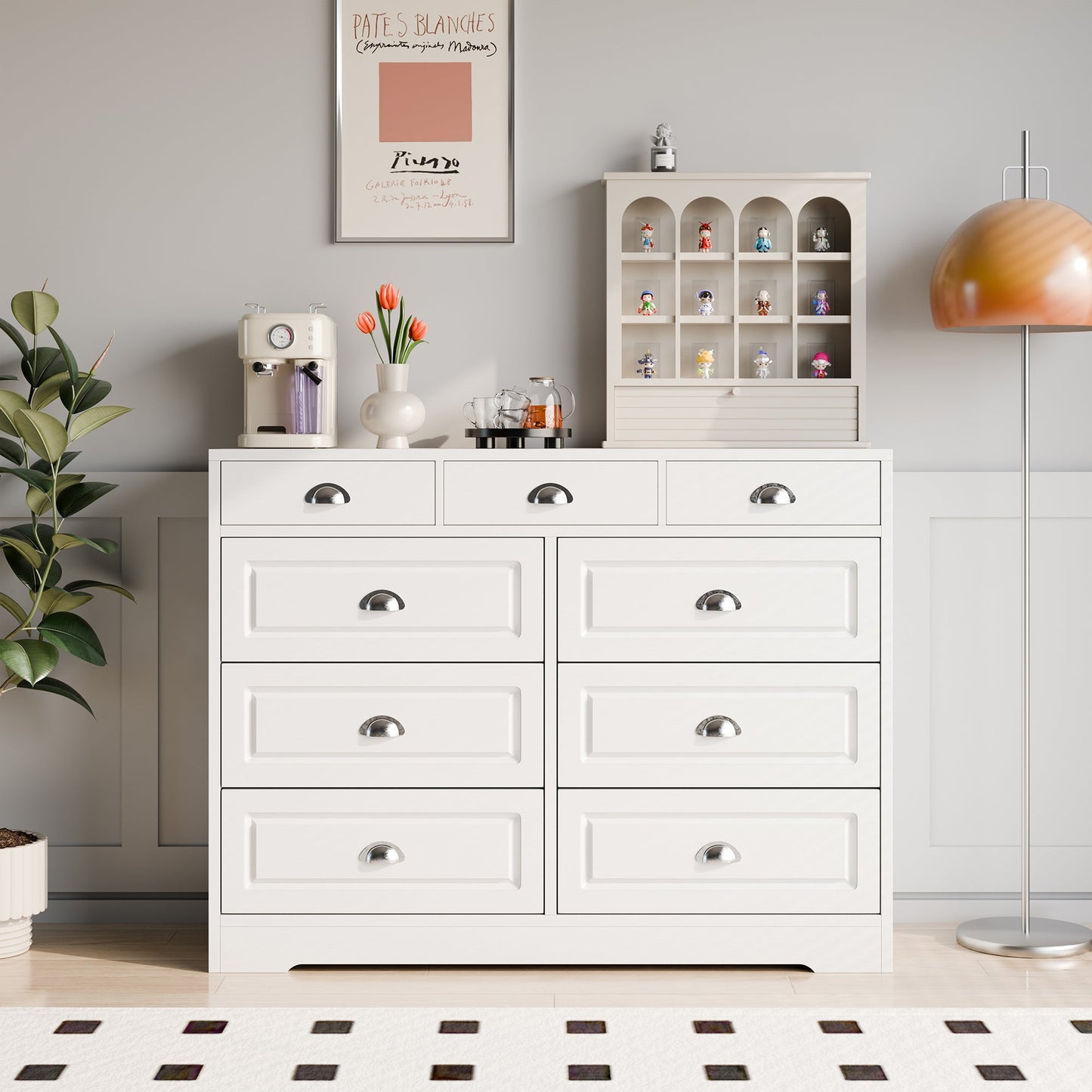 Walsunny 9 Drawer Double Dresser Black Wooden Wide Chest of Drawers with Metal Handles Storage Organizer Dresser Nursery Dresser for Living Room Hallway